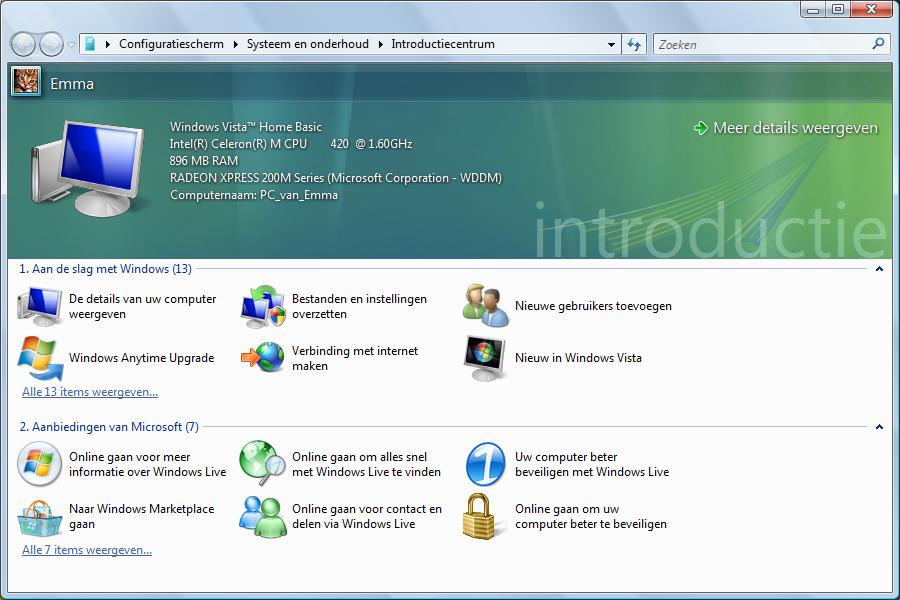 Windows Vista - Introductiecentrum Bij de eerste weergave van het Windows Vista bureaublad ziet u het Introductiecentrum.