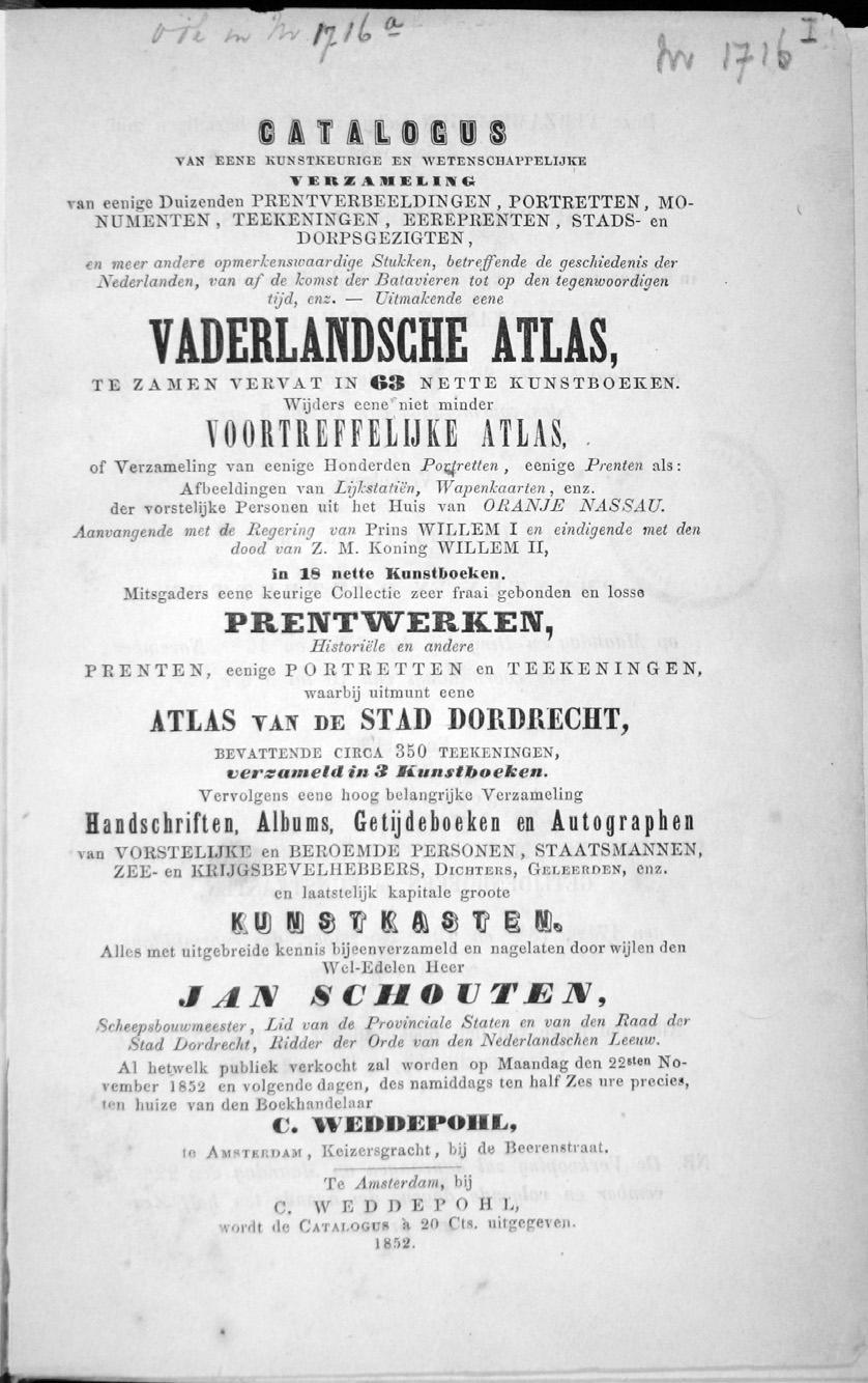 Jos A.A.M. Biemans 10. Titelpagina van de veilingcatalogus met de diverse verzamelingen van Jan Schouten (1786-1852); exemplaar Universiteitsbibliotheek Amsterdam (UvA), Collectie- KVB, Nv 1716-I.