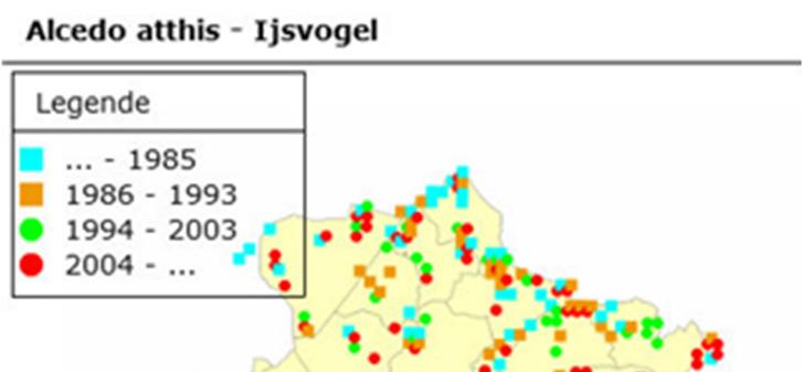 Figuur 0-6: Locaties van waarnemingen van IJsvogel Potenties De IJsvogel is strikt gebonden aan zuiver, ijsvrij,