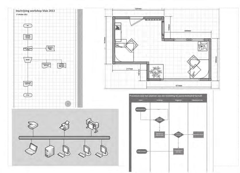 4 Basiscursus Visio 2013 Figuur 1.1: Voorbeelden van Visio-tekeningen Om met Visio te kunnen werken hoeft u niet te kunnen tekenen.