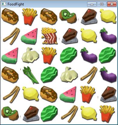 D: 3. In deze opgave gaan we de game Food Fight uitwerken. Het spel bestaat uit een grid van game objecten (verschillende soorten voedsel) dat bij het opstarten willekeurig gevuld wordt.