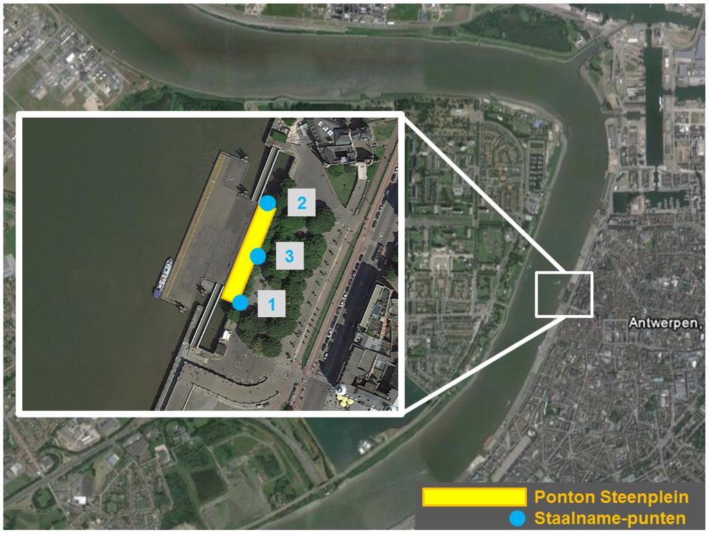 Sedimentatieproblematiek Steenplein: Deelrapport 1 Factual data-rapport staalname 2. Methodologie 2.1. Studiegebied 2.1.1. Meetlocatie De meetlocatie is gelegen ter hoogte van het Steenplein te Antwerpen (Figuur 1).