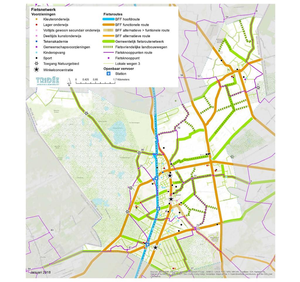 Onderstaande kaart toont het netwerk van fietsroutes in Kalmthout. Figuur 10 Fietsnetwerk Het netwerk van fietsroutes wordt vormgegeven conform de vijf hoofdeisen fiets: 1.