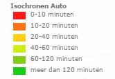 Beschrijving: de kaart toont de reistijd van het geselecteerde gebied (zwart gearceerd in de kaart)