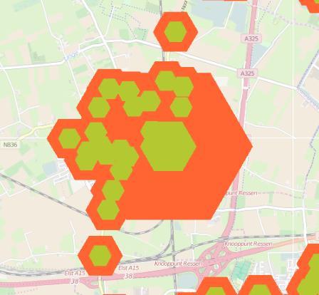 Beschrijving: de kaart toont de functionele dekking van OV haltes in een gebied, uitgaande van een