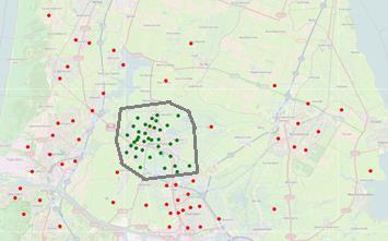 Bijlage 2: beperking aantal zones door selectie studiegebied Omwille van de rekensnelheid brengt de gebruiker met een lasso het aantal