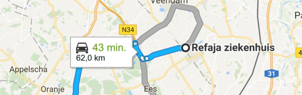 STADSKANAAL - HOOGEVEEN De afstand tussen beide ziekenhuislocaties is 62 kilometer. Dit is de snelste route en in de auto zou dit 43 minuten in beslag nemen.