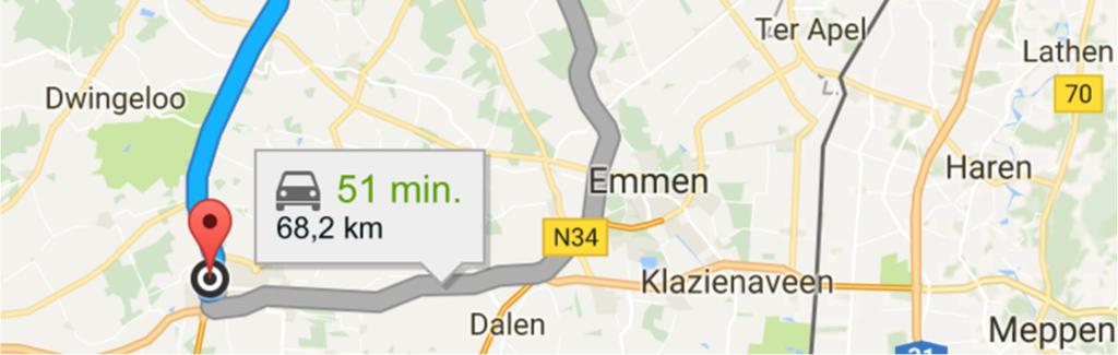 Het kost dan 1 uur en 47 minuten om op de bestemming te komen, waaronder ook 14 minuten lopen vallen. Eerst wordt bus 73 richting Gieten genomen. Vervolgens stapt men over op bus 110 naar Assen.