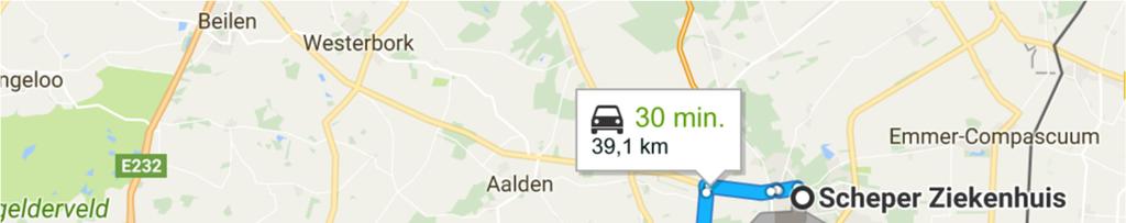 EMMEN - HOOGEVEEN De afstand tussen beide ziekenhuislocaties is 39,1 kilometer. Dit is de snelste route en in de auto zou dit 30 minuten in beslag nemen.