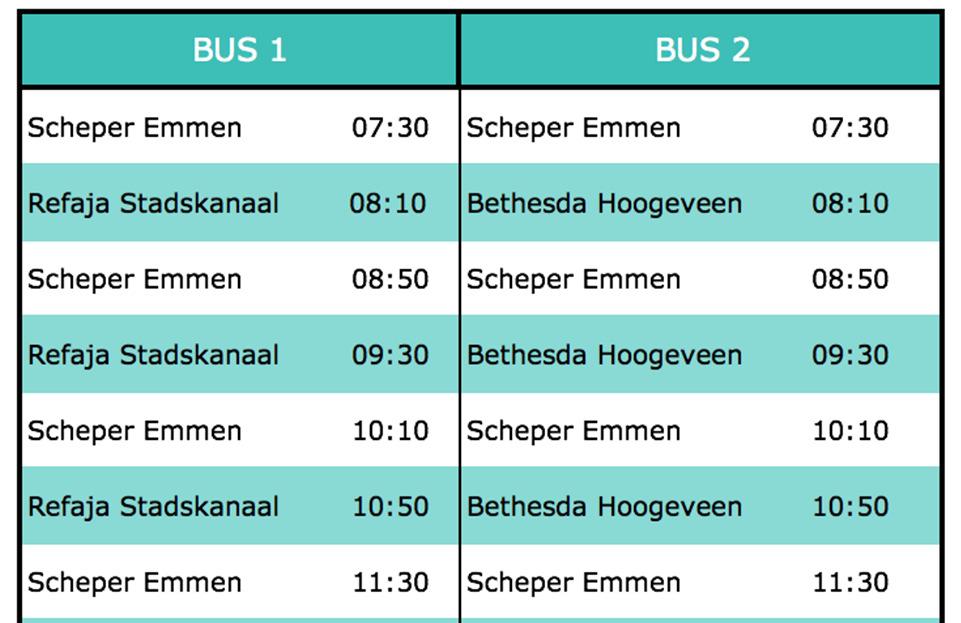 Dienstregeling Er zijn verschillende opties om de dienstregeling van de pendeldienst te faciliteren. Een enkele reis naar de eerste andere ziekenhuislocatie duurt 40 minuten.