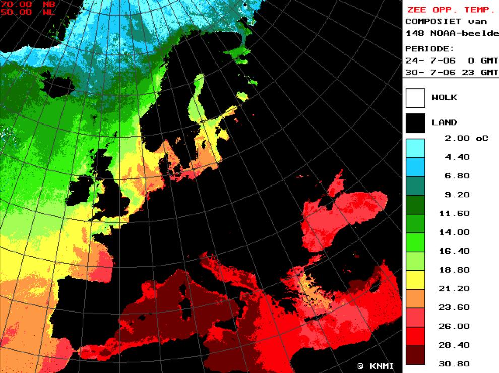 Beelden van de watertemperatuur in de Europese wateren in de periode 24/7/06