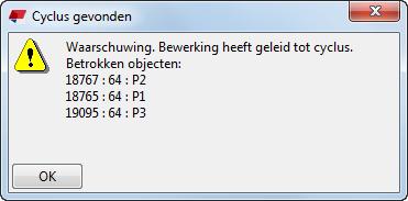 Tekla Structures schrijft ook het bericht "Cycle detected in parametric solver" in het logbestand van de sessiehistorie en geeft de objecten die bij de cyclische afhankelijkheid betrokken zijn weer