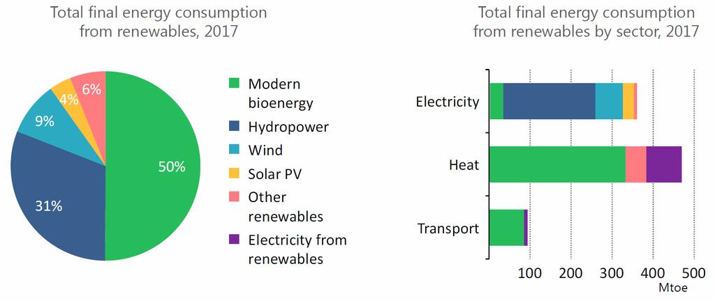 Situatie volgens IEA (tracking clean energy progress, 2018) Warmte vertegenwoordigd wereldwijd meer dan 50% van de finale energievraag Modern bioenergy = 50% van duurzame energieopwekking wereldwijd