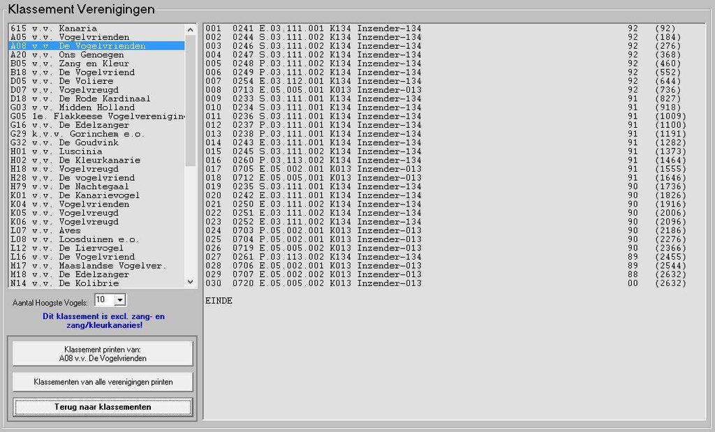 2E-H: klassement Verenigingen U kunt in dit onderdeel niet alleen klassement van alle verenigingen laten berekenen en uitprinten.