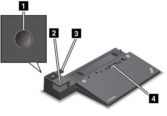 ThinkPad Basic Dock Voorkant 1 Aan/uit-knop: druk op de aan/uit-knop om de computer in of uit te schakelen. 2 Uitwerpknop: druk op de uitwerpknop om de computer van het dockingstation los te koppelen.