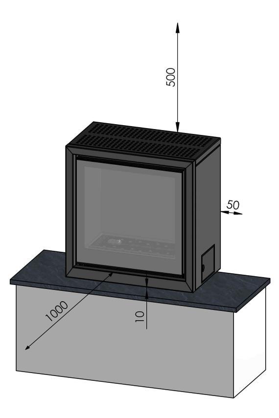 5.1 Te respecteren minimumafstanden ten opzichte van brandbare materialen Voorzijde: 1000 mm Bovenzijde: 500 mm Zijkanten: 50 mm Achterzijde: 100mm* Onderkant: