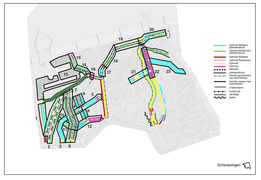 7 Afbeelding 2 Wijkontsluitingswegen, hun bestaande wegbeelden (in kleur) en potentiële wegbeeldverbeteringen (zwaarte kaders) in een Haagse woonwijk 3.