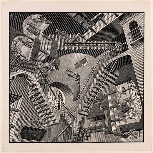 Soms gaan de figuren die in de wondere wereld van Escher voorkomen een trap op maar lopen dan tegen een muur aan die de vloer is van een andere wereld.