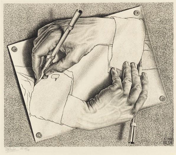 Verwondering is eigenlijk wat Escher met zijn prenten wilde bereiken. Hij wil je je laten verbazen over dingen die je ziet en die je zou kunnen zien.