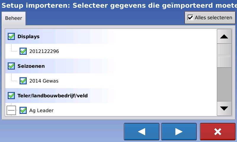8. Importeren/ exporteren setup gegevens. Het is mogelijk om uw setup- informatie te exporteren/importeren van ene naar andere scherm. Setup bevat: configuraties, percelen, perceelsgrenzen etc.
