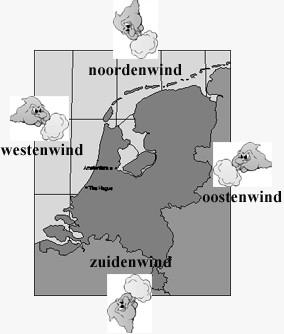 5 Vul in: warme regen koude 1 Wind uit het zuiden brengt vaak lucht. 2 Wind uit het oosten brengt vaak lucht. 3 Wind uit het westen brengt vaak. Kijk naar de kaart van Nederland.