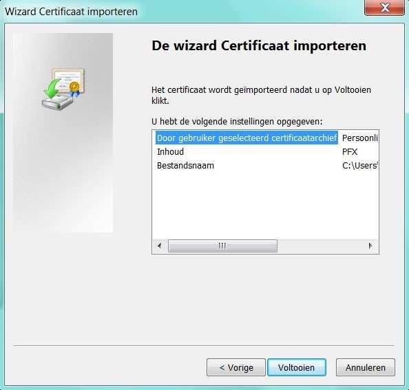 Klik op Voltooien Het browsercertificaat is