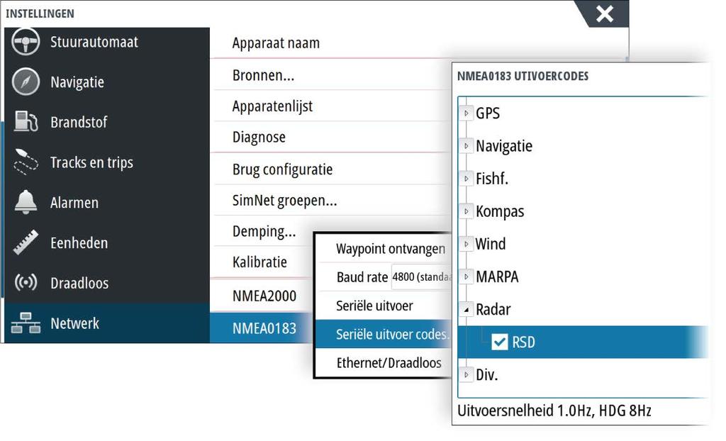 Uitvoer van RSD-zinnen U kunt de uitvoer van het RSD NMEA 0183 bericht inschakelen (is standaard uitgeschakeld) om informatie over de cursorpositie door te geven aan een extern apparaat.