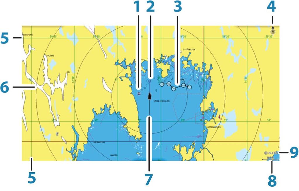 4 Kaarten De kaartfunctie toont de positie van uw vaartuig relatief ten opzichte van land en andere kaartobjecten.