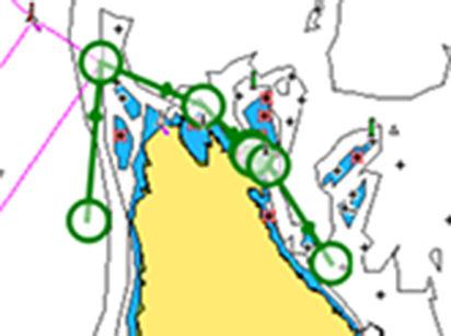 Ú Notitie: U kunt Dock-to-dock Autorouting of Easy Routing niet starten als een van de geselecteerde routepunten in een onveilig gebied ligt.
