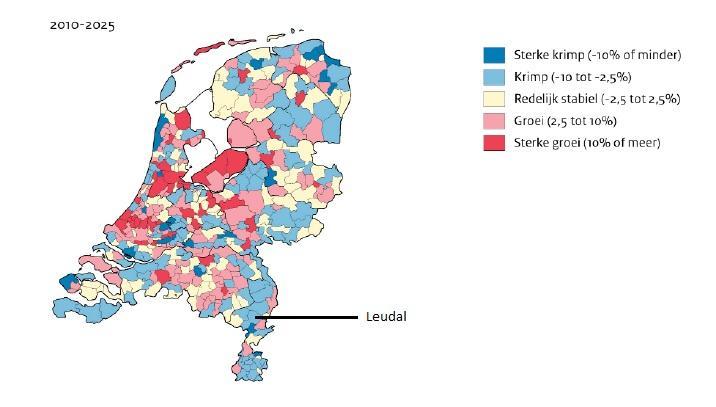 Figuur 5.2: Bevolkingskrimp in Nederland tot 2025 (Bron: eigen bewerking, originele afbeelding: CBS & PBL, 2011).