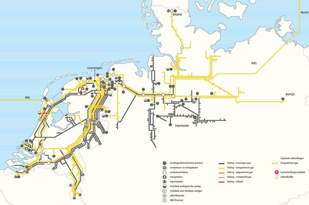 Gas transport Systeem Gasunie (in Nederland Gas transport en Noord grid Duitsland) (in the Netherlands and Northern Germany) Volume ~125 bcm gas p/j Lengte transport net