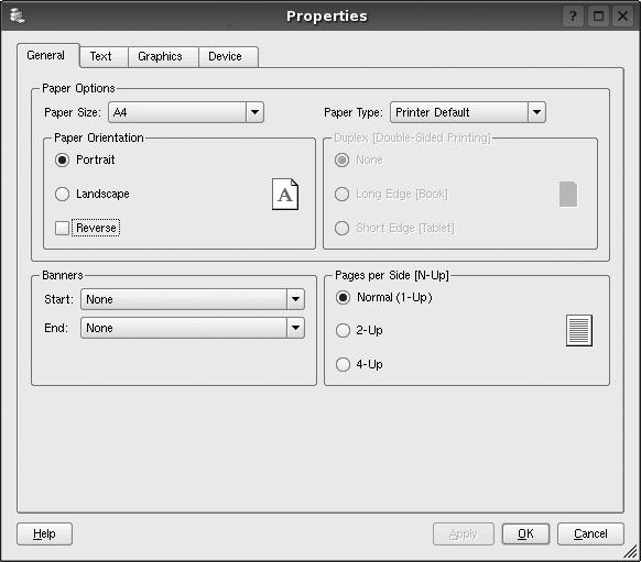 2 Selecteer Print directly using lpr (Rechtstreeks afdrukken via lpr). 3 In het venster LPR GUI selecteert u het printermodel in de lijst met printers en klikt u op Properties (Eigenschappen).