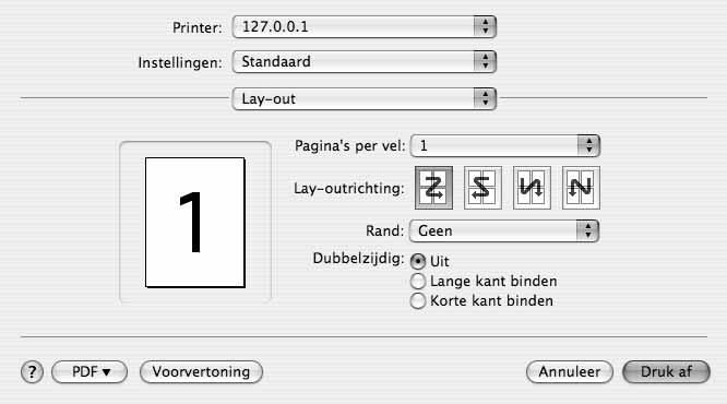 Afdrukinstellingen wijzigen U kunt geavanceerde afdrukfuncties gebruiken voor uw printer. Selecteer Print (Druk af) in het menu File (Bestand) van uw Macintoshtoepassing.