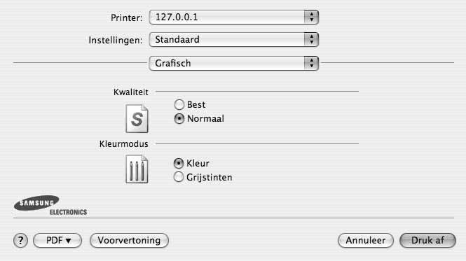 Graphics (Grafisch) Op het tabblad Graphics (Grafisch) vindt u de opties Resolution (Kwaliteit) en Color Mode (Kleurmodus).