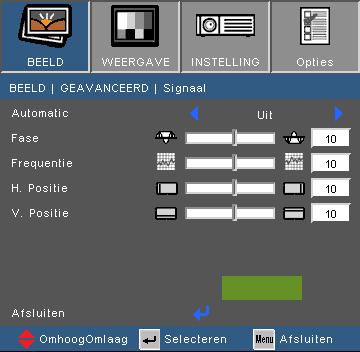 Bedieningselementen gebruiker BEELD GEAVANC. Signaal "Signaal" aanpassingen zijn alleen beschikbaar voor analoge VGA (RGB)-bronnen. Automatic Selecteert automatisch het signaal.