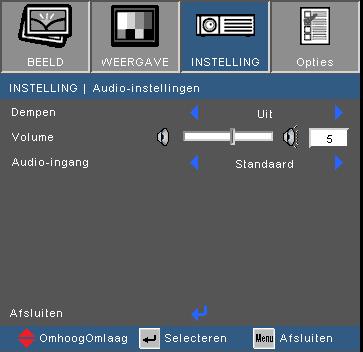 Bedieningselementen gebruiker INSTELLING Audio-instellingen Dempen Kies "Aan" om het dempen in te schakelen. Kies "Uit" om het dempen uit te schakelen.