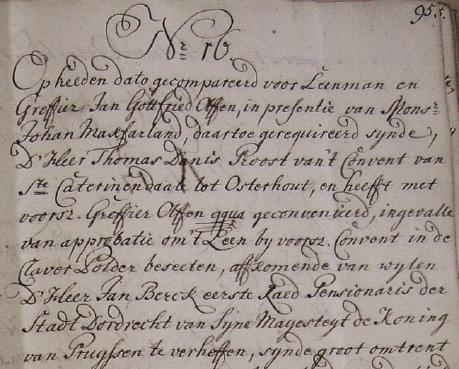 184 De Pruisische koning Frederik II en zijn verduisterde lenen in de Lage Zwaluwse Rietwaard 17. Een fragment van leenbrief nr. 16 d.d. 1 mei 1753 voor de norbertinessenpriorij Sint-Catharinadal te Oosterhout (Bron: NA, AND, inv.