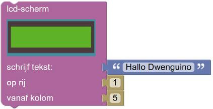 Voor het programma op de volgende pagina gebruik je twee blokken uit het Dwenguino-menu in de linkermenubalk: een eerste blok om de tekst te wissen die eventueel al op het lcd-scherm staat, en een