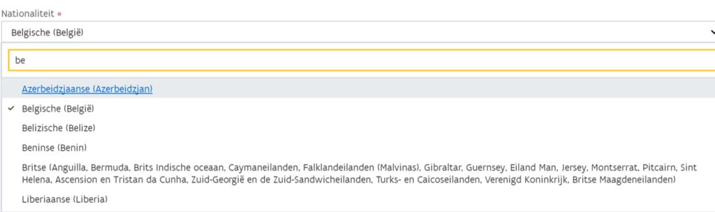 Kies de nationaliteit door te scrollen of door in het lege veld te typen. Vul het adres van de leerling in.
