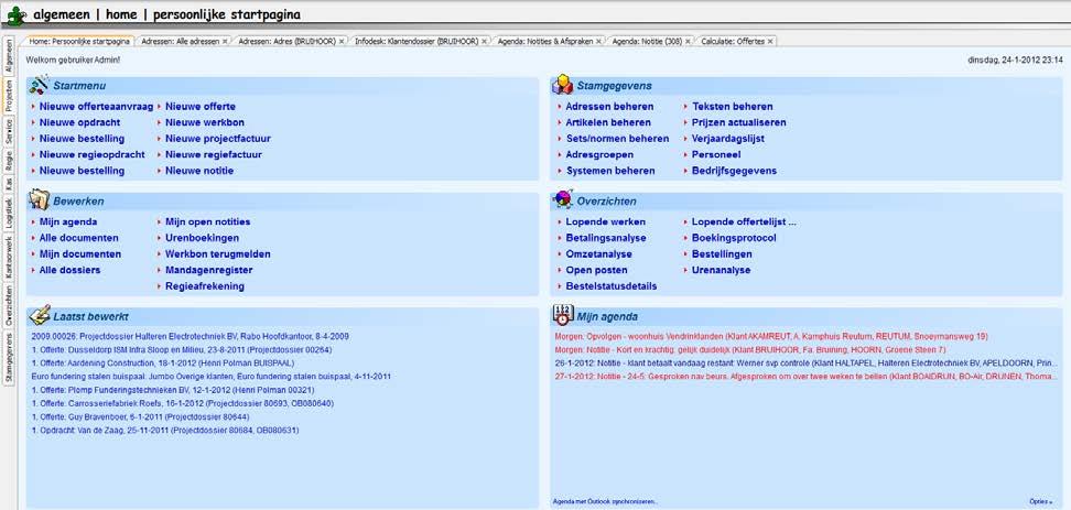 Startpagina en agendabeheer Er is de mogelijkheid van een persoonlijke startpagina (module gekoppeld aan de autorisatie), zodat voor elke medewerker de belangrijkste functies direct oproepbaar zijn.