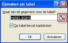 Excel Gevorderden 2007 Hoofdstuk 1 Tabellen Gegevens opmaken als tabel Open het bestand vertegenwoordiger.xlsx Wat in eerdere versies van Excel een lijst werd genoemd, is nu een tabel geworden.