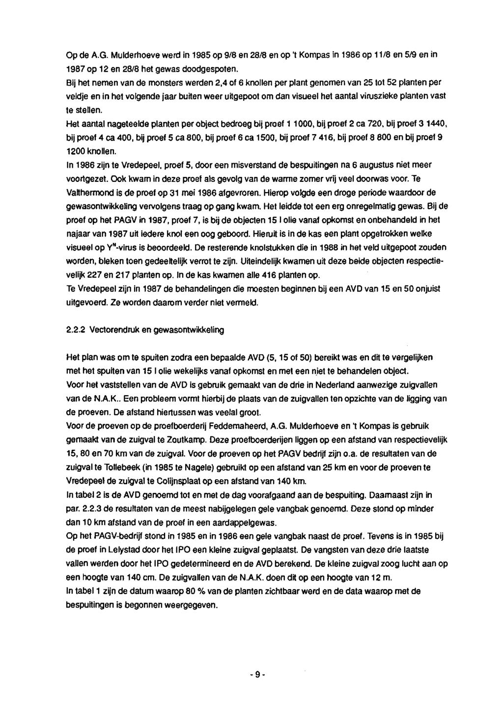 Op de A.G. Mulderhoeve werd in 1985 op 9/8 en28/8 en op 't Kompas in 1986 op 11/8 en 5/9 en in 1987 op 12 en 28/8 het gewas doodgespoten.