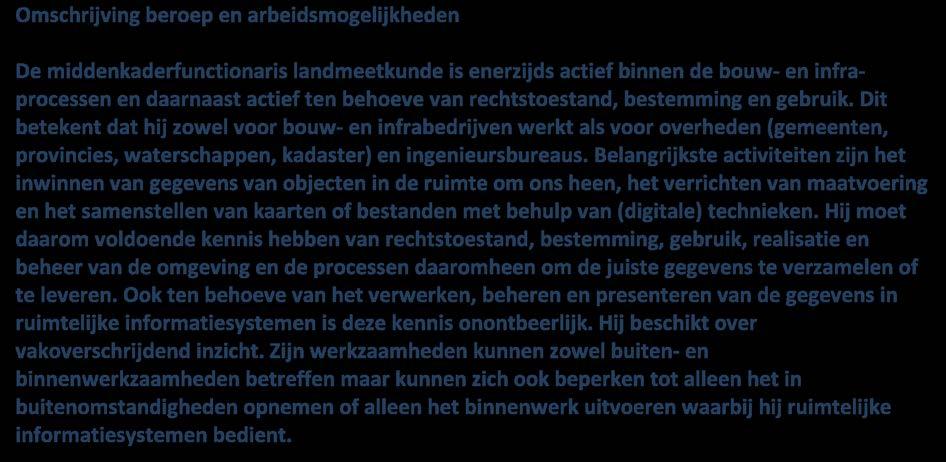 2.3 De opleiding 2.3.1 Het beroep Omschrijving beroep en arbeidsmogelijkheden De middenkaderfunctionaris landmeetkunde is enerzijds actief binnen de bouw- en infraprocessen en daarnaast actief ten