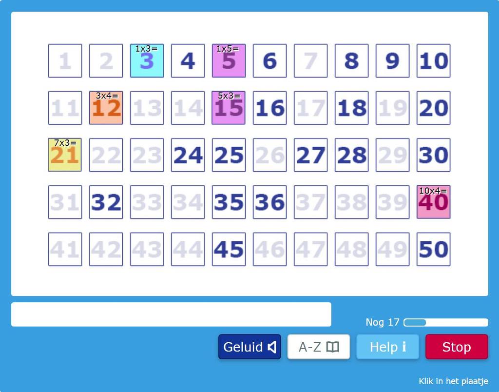 Een voorbeeld van het oefenen met de hokjesgetallenlijn van de tafels van 3, 4 en 5 in oefening J2.