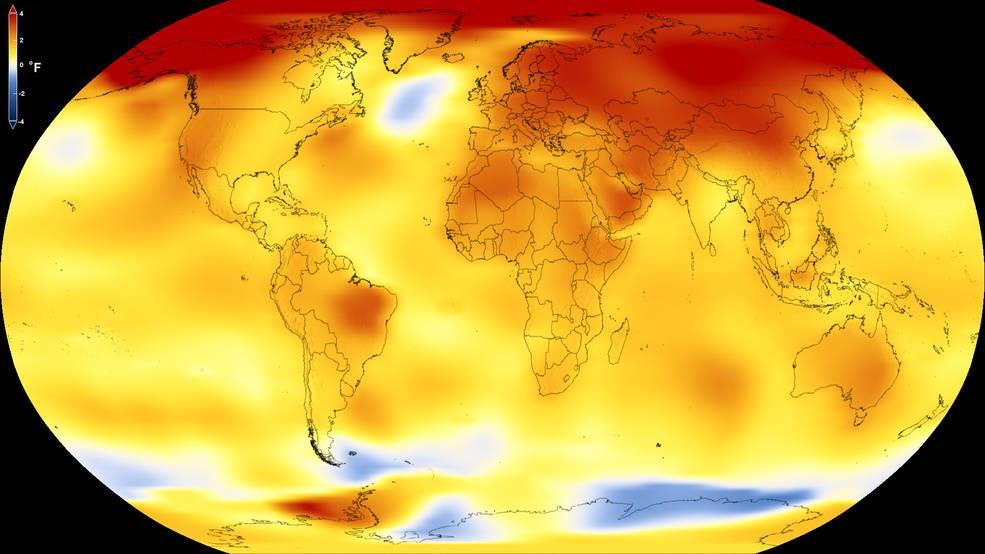 Klimaatontwikkeling: Gemiddelde temperatuur in 2017 tov gemiddelde 1950-1980 Legenda: Rood = plus 2,2 graad