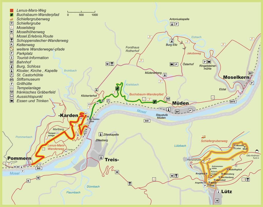 Wandeling Treis-Karden naar Pommern: Het 5,1 km lange Lenus-Mars-pad verbindt de plaatsen Karden en Pommern.