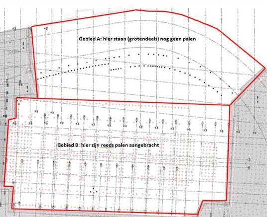 Figuur 2-2: Indeling bouwput (gebied A: momenteel geen palen en gebied B: reeds palen geïnstalleerd). Opgemerkt wordt dat het gebied dat is ontgraven hoofdzakelijk gebied B betreft.
