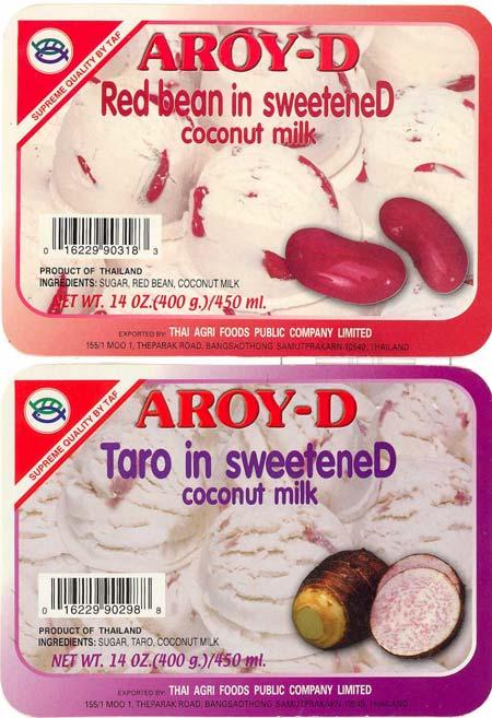 6 redbean' en 'coconut milk with taro'. Tang c.s. hebben ter zitting de op de verpakking van deze producten gebruikte labels overgelegd als hieronder afgebeeld.