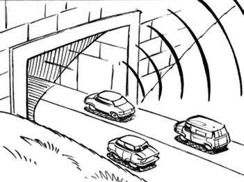 Tunnel met reflecterende wanden OVERDEKKING VAN EEN VERKEERSADER OF TUNNEL Een radicale maar kostbare oplossing om het verkeerslawaai te beperken, is een volledige overdekking van de weg.