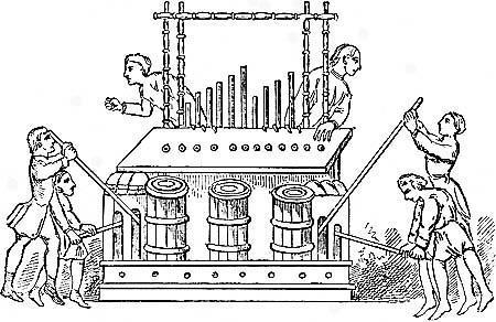 Organum Pneumaticum (orgel op luchtdruk) Afbeelding uit de middeleeuwen waarop de twee organisten te zien zijn (die waren nodig want het orgel had een heel
